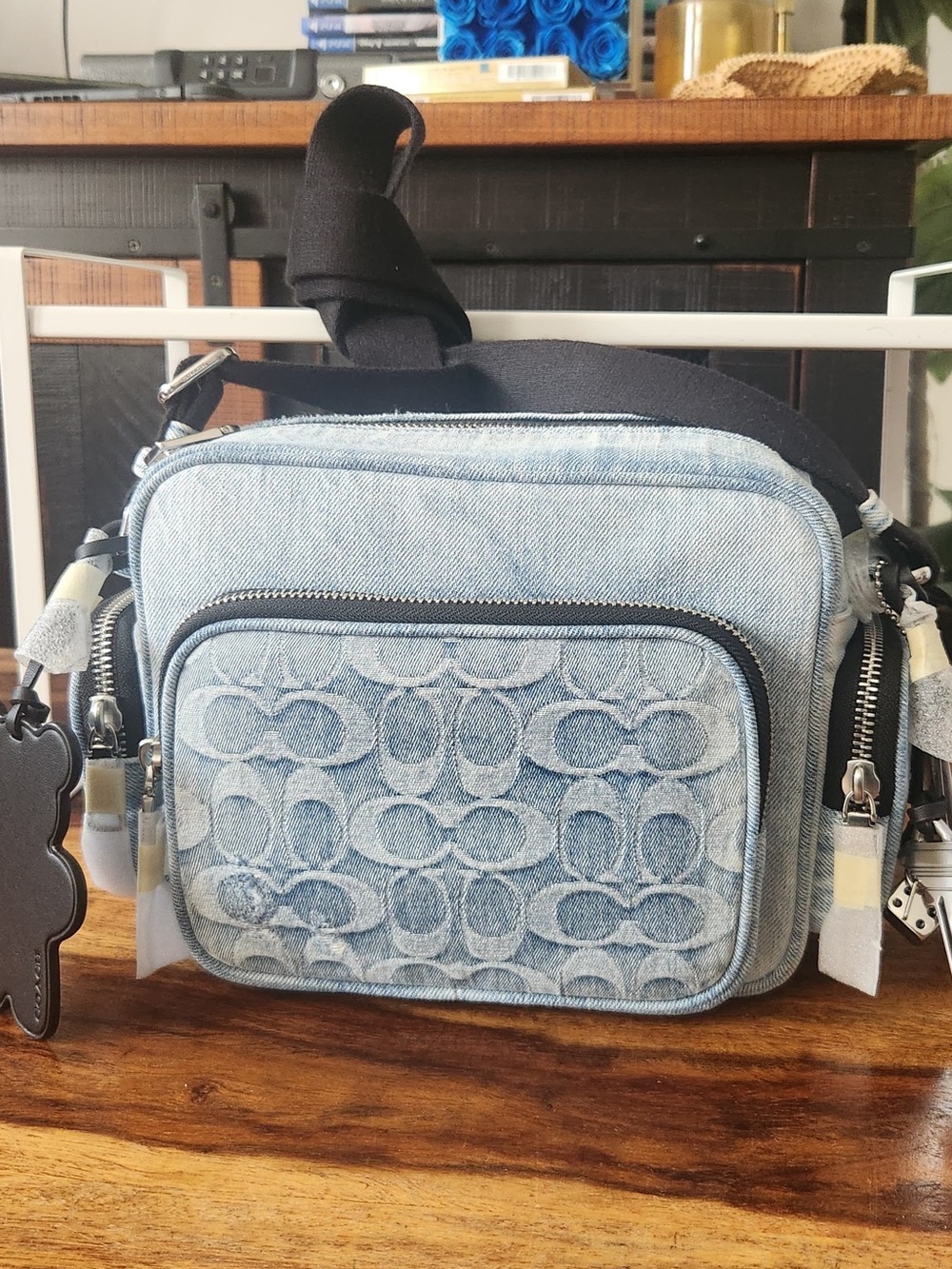 Coach loved Denim Fletcher Crossbody with Black Strap and charms